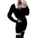 Jocestyle Women Autumn Winter Dress V Neck Lace Trim Slim Tunic Mini Dress (Black L)