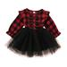 LA HIEBLA Toddler Girl Plaid Long Sleeve Tops Tutu Lace Dress Casual Christmas Party Dress