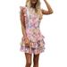 MERSARIPHY Women Elegant Floral Printed Dress, Crew Neck Ruffle Sleeveless Open Back Layered Hem Cake Dress