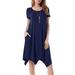 Sexy Dance Women's Summer Casual T Shirt Dresses Solid Color Crew Neck Dresses Short Sleeve Irregular Hem Pleated Swing Beach Sun Dress With Pockets