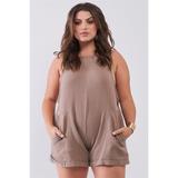 Plus Taupe Square Neck Sleeveless Self-tie Shoulders Drawstrings Front And Side Pockets Cuffed Romper 3XL