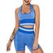 QRIC Seamless Workout Sets for Women Stripe Style Hollow Out Racer Back Sports Bra + High Waist Butt Contour Running Shorts Gym 2 Piece Yoga Sets - Blue XS