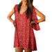 Plus Size Women Boho Polka Dot Floral Print V-Neck Off Shoulder Loose Long Sleeve Mini Shirt Dress Holiday Beach Party Sundress S-5XL