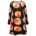 Women Pumpkin Skull Long Sleeve Swing Dress Party Halloween Tunic Mini Dresses Ladies Vintage Retro Casual Dress Tops