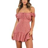 Sexy Dance Women Mini Dresses Off Shoulder Floral Casual Tunic One Word Shoulder Loose Summer Blouse Ruffle Pleated Dress