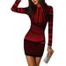 FOCUSNORM Women Striped Wear to Work Business Cocktail Pencil Dress Long Sleeve Mock Neck Mini Dress