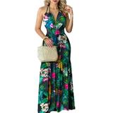 Women's Bohemian Wedding Dress Sleeveless Halter Neck Vintage Floral Print Deep V Neck Backless Maxi Sundress