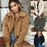 Women's Lady Faux Fur Coats Winter Solid Lapel Turn Down Collar Slim Zipper Short Cropped Jackets Warm Coat for Women