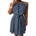 Womenâ€™s Casual Dress Halter Neck Sleeveless Polka Dot Midi Dress Off Shoulder Loose Ruffle Sundress with Belt