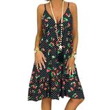 Winnereco Women Floral Print Slip Dress V Neck Loose Knee Length Dress (Black M)