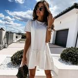 New Women's Summer Loose Short Sleeve Mini Dress Casual Ruffles Beach Dress Elegant Solid Color Dresses