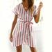 Women's Striped A-line Lace Up Ruffled V-neck Sashes Short Sleeve Mini Dresses