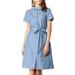 Women's Peter Pan Collar Short Sleeve Belted Shift Denim Shirt Dress