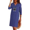 Womens 3/4 Sleeve Plus Size Midi Shirt Midi Dress V Neck Loose Linen Sundress