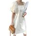 ZANZEA Women Summer Short Sleeve Square Neck A-Line Pleated Dress