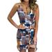 DaciyeMosaic Print Women Sling Bodycon Ruffle V Neck Short Dress (Khaki Yellow L)