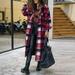 Women Fashion Outwear Plaid Print Long Sleeve Lapel Long Jacket Trench Coat