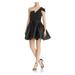 AQUA Womens Black Short Sleeve Asymmetrical Neckline Mini A-Line Party Dress Size 10