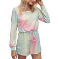 Women's Cozy One Piece Tie Dye Printed Knit Jumpsuit Romper Loungewear Sleepwear Pajamas Shorts Joggers Playsuit