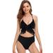 UKAP S-XL Ladies Women Two Piece Swimsuit Solid Black Juniors Swimwear Plus Size High Waist Bikini Set Beachwear Swimming Costumes Bathing Suit Push Up Padded Tops w/ Bikini Bottoms Backless