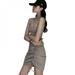 Fashion Women's Mini Dress Black Ladies Slash Neck Spaghetti Strap Ruched Bodycon Solid Mini Dress
