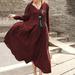 Vintage Women Casual Loose Long Dress Cotton V Neck Long Sleeves Button Solid Boho Maxi Dress Blue/Burgundy