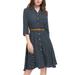 Unique Bargains Women's Polka Dots Pattern 3/4 Sleeves Belted A Line Midi Shirt Dress