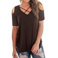 TINKER Women's Summer Deep V-neck Solid Color Oblique Shoulder Loose T-shirt College Hollow Out Shoulder Short Sleeves