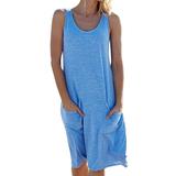 Plus Size Women Sleeveless Swing Dress Baggy Blouse Cotton T Shirt Dress Summer Tunic Top Ladies Summer Holiday Beach Midi Swing Sun Dress With Pocket