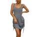 Niuer Women Solid Color Cami Knit Dresses Ladies Square Neck Backless Drawstring Beach Dress Lace Up Sleeveless Party Dresses Gray XL(US 14-16)
