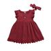 Wsevypo Baby Girl Solid Color Crew Neck Fly Sleeve Lace Dress Hairband Set