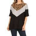 Women's Casual Boxy Loose Fit Color Block Short Sleeve Pull On T-Shirts Top S-3XL Animal Brown S