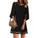 Women Casual Crewneck Mesh Panel 3/4 Bell Sleeve Loose Tunic Dress