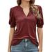Sexy Dance Women Active Summer Blouse Casual V Neck Jersey Short-Sleeve Sports Tee Workout Fitness Sweats Tee Shirts Top Wine Red S(US 4-6)