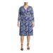 ANNE KLEIN Womens Blue Patterned Long Sleeve V Neck Below The Knee Fit + Flare Dress Size 1X