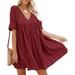 Women'S Short Sleeve V Neck Pleated Babydoll Solid Color Tunic Party Swing Mini Dress