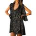 Plus Size Womens Summer Polka Dot Print V-Neck Broken Sleeve Off Shoulder Loose Short Mini Shirt Dress Boho Sundress