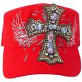 SILVERFEVER Women's Military Cadet Cap Hat - Patch Cotton - Studded & Embroidered (Red, Angelic Cross)