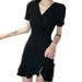 Women Slim V-Neck Short Sleeves Solid Casual Ruffles Asymmetrical Black Mini Dress