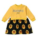 Girlâ€™s One-piece Patchwork Sweater Dress Long Sleeve Pullover Sweater Top with Sunflower Printed Skirt Hem Casual Dress