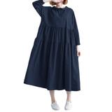 Womens Autumn Crew Neck Casual Shirt Dress Solid Cotton Pleated Party Dresses Long Sleeve Dresses