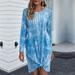 Women Plus Size Elegant Dress Tie-Dye Print Long Sleeves O Neck Loose Casual Beach Loose Dress