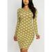 Womens Juniors Printed Bodycon Long Sleeve Dress - Pretty Chic Dress - Mustard Stretchy Dress 50128P