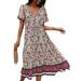 Women Boho Dress Floral V-Neck Boho Long Dresses Summer Beach Bohemian Sundress Loose Short Sleeve Maxi Dress