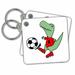 3dRose Funny Cute T-rex Dinosaur Playing Soccer - Key Chains, 2.25 by 2.25-inch, set of 2