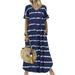 Niuer Fashion Lady Summer Loose Dresses Holiday Boho A line Pockets Maxi Dress Womens Striped Print Cocktail Elegant Dresses Dark Blue S(US 4-6)