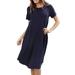 Womens & Plus Round Neck Short Sleeve Knee Length A-Line Swing Trapeze Dress (Navy, M)