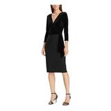 RALPH LAUREN Womens Black Tie Velvet Solid 3/4 Sleeve V Neck Midi Wrap Dress Evening Dress Size 4