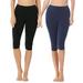 Women & Plus Essential Basic Cotton Spandex Stretch Below Knee Length 15" Leggings (BLACK/NAVY, S)