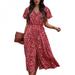 MEROTABLE Summer Ladies Retro Print Long Dress Women's V-Neck Casual Vestidos Loose Short Sleeve High Waist Korean Style Holiday Dress ( L)